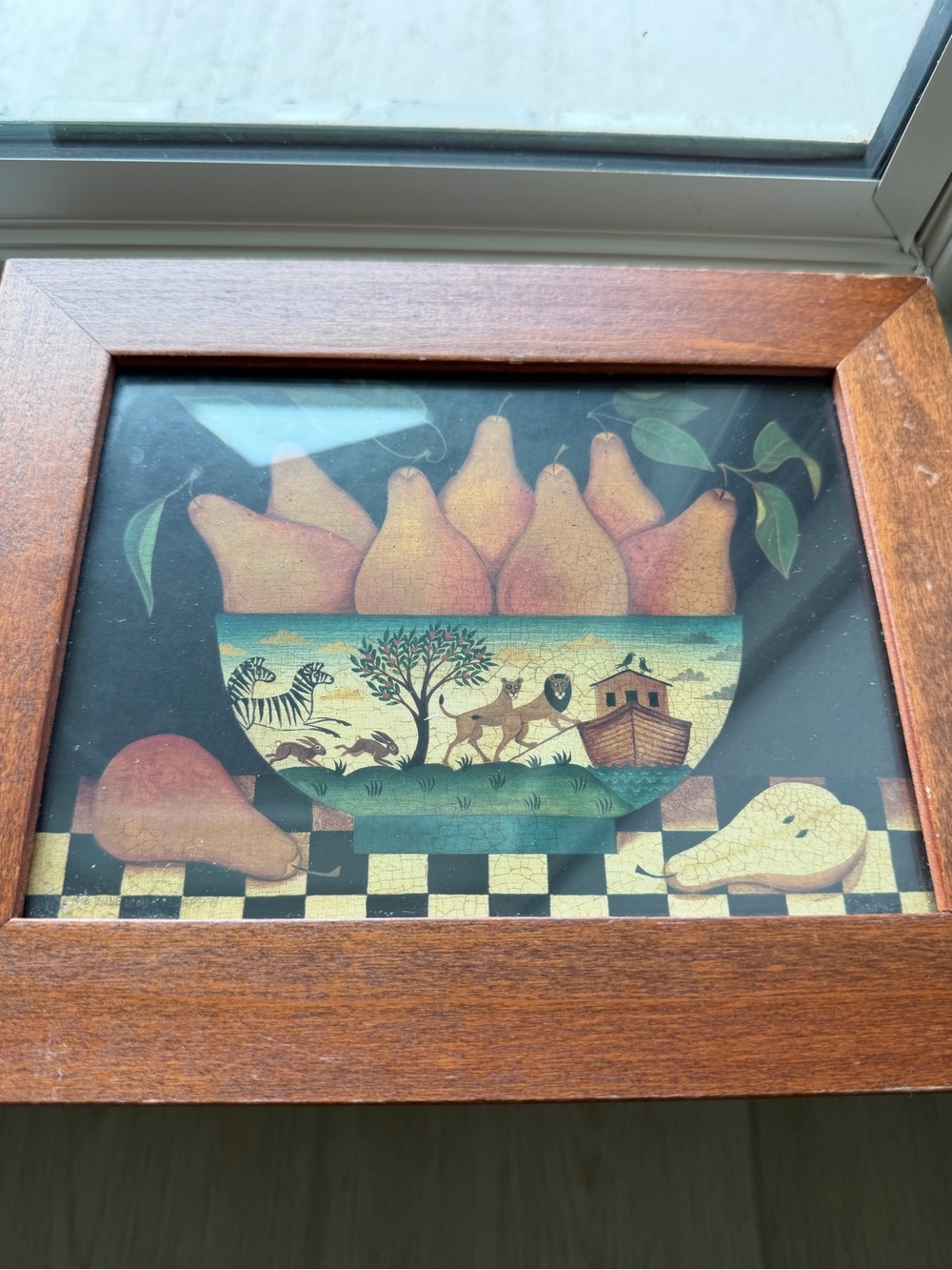 Framed Folk Art Pear Bowl Print - Rustic Fruit Still Life